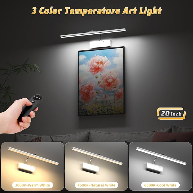 Lightbiz Picture Light, 20inch 6000mAh Rechargeable Picture Lights for Wall Battery Operated Wall Lights, 3 Colors Paintings Light Dimmable Art Light for Artwork, Gallery (Silver)