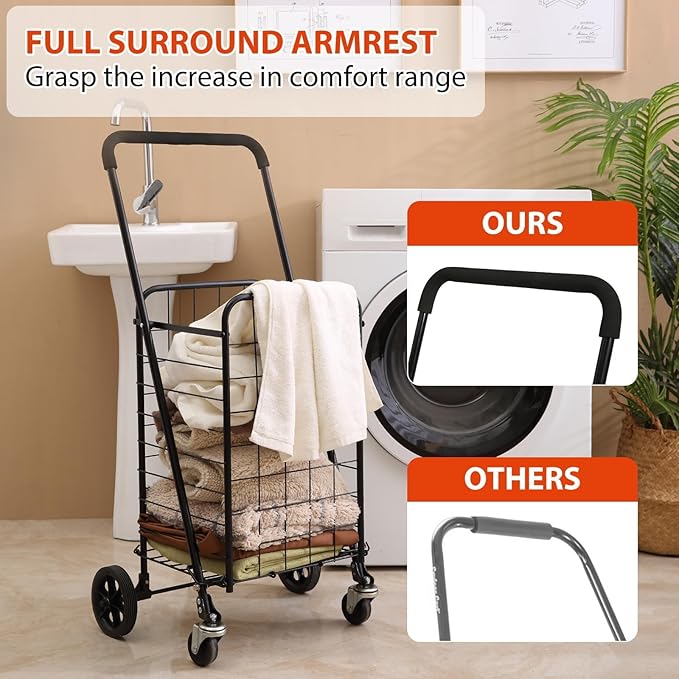 Siffler Grocery Shopping Cart with 360° Swivel Wheels Folding Utility Cart with Easily Collapsible Cart with Extended Foam Cover, Trolley for Laundry, Groceries, Travel (Black, Small)
