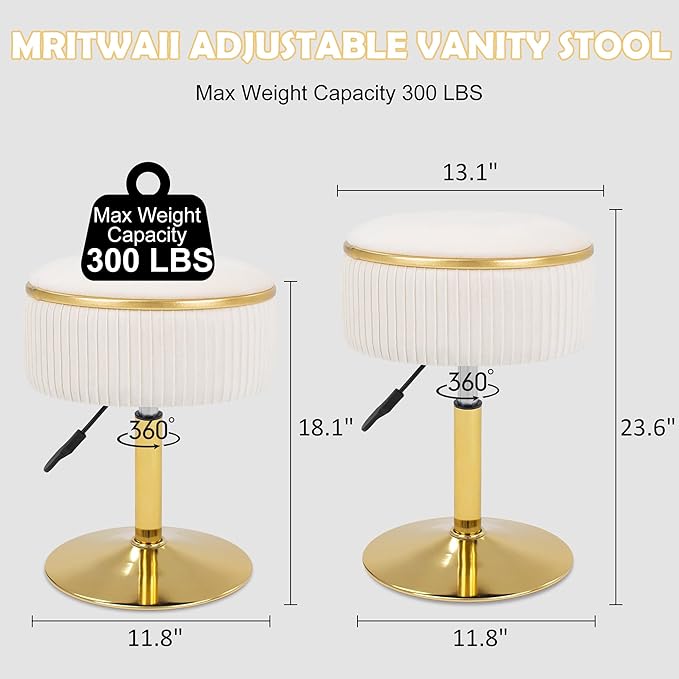 Adjustable Vanity Stool with Storage, 360° Swivel Makeup Stool Chair Small Velvet Round Ottoman with Gold Base for Bedroom (Beige)