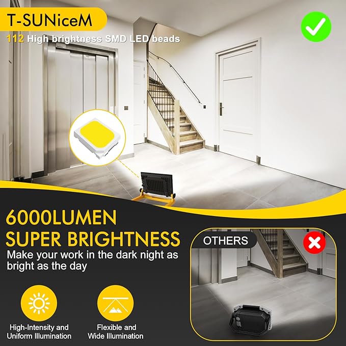 LED Work Light, 60W 6000LM Work Lights on Stand，LED Flood Light Outdoor 13ft Cord with Plug, 3 Modes, Magnetic Base, Hook Design Portable Work Light for Workshop, Garage, Construction Site