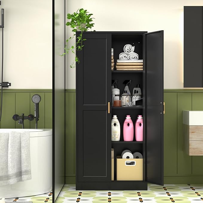 60 Inch Tall Pantry Cabinet, Metal Kitchen Storage Cabinet with Doors and Shelves, Black Cupboard for Food Storage, Freestanding Cabinet for Living Room, Dining Room - Assembly Required