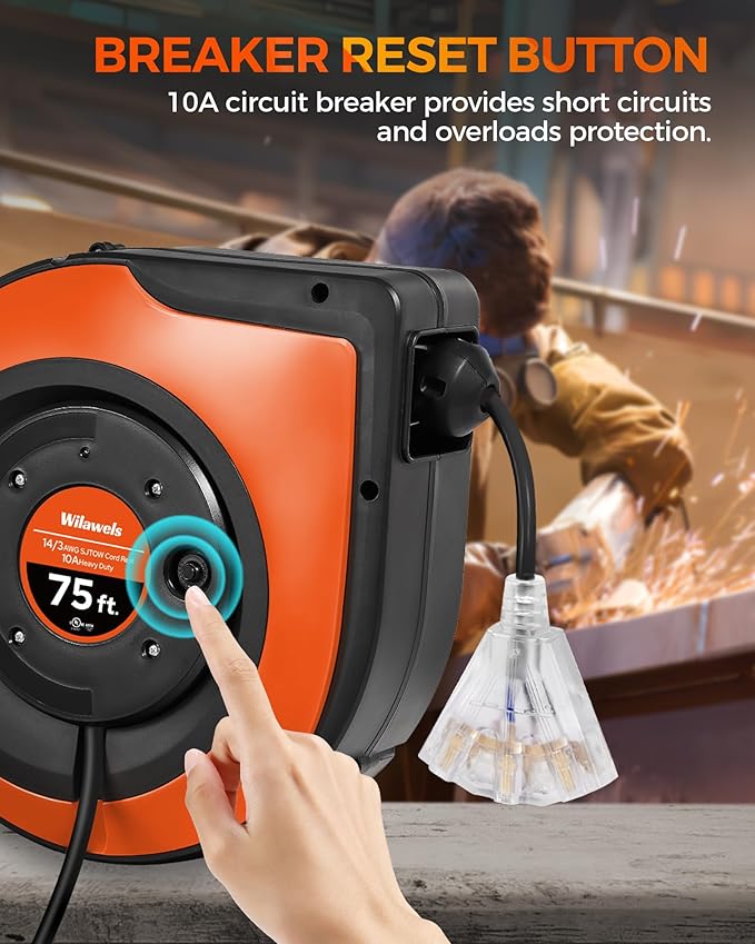 Retractable Cord Reel, 75 FT Heavy Duty Extension Cord, 14AWG/3C SJTOW, 3 Grounded Outlets Lighted Triple Tap, 10A Circuit Breaker, Wall/Ceiling Mounted, UL Listed, Black B75CR06