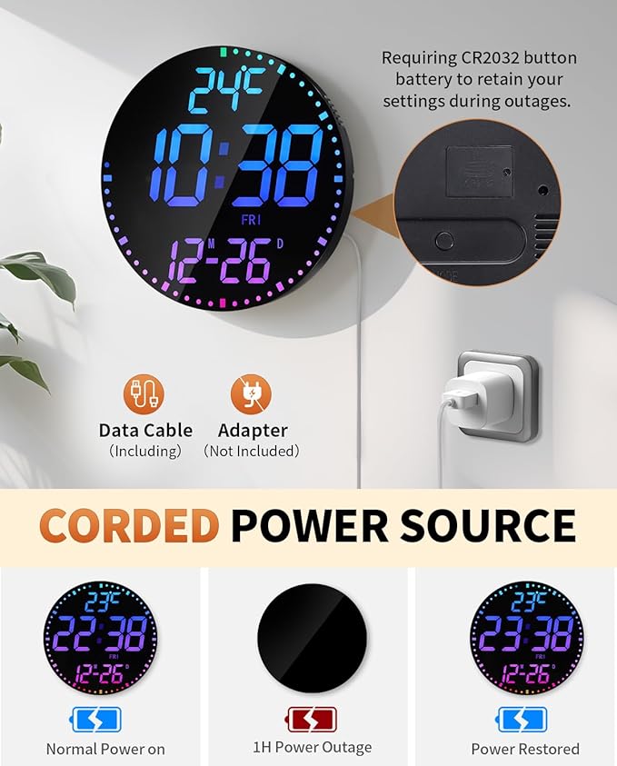 12" Large Digital Wall Mount Clock, Count Down Timer, Alarm, Big LED, 12 RGB Color, Temperature for Living Room Classroom Desk, Xmas, Birthday Gift for Senior Mom Dad (Round)