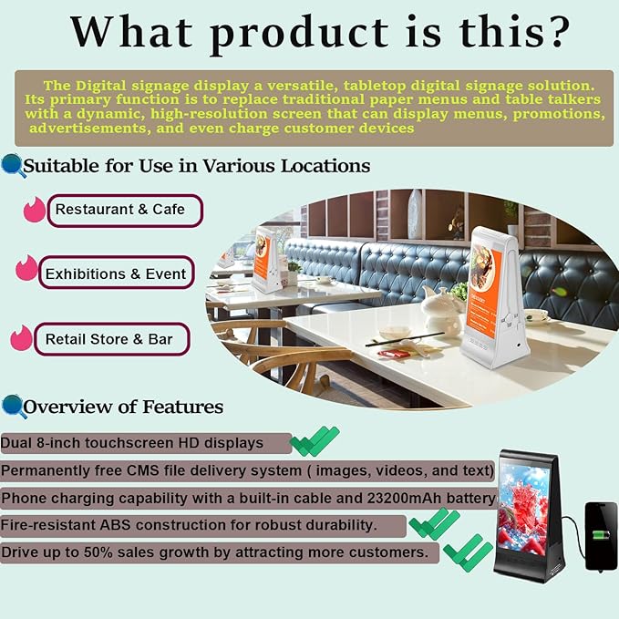 Digital Signage Display for Tabletop ,Interactive Digital Signage with Double 8 inch LCD Touch Screen and WIFI Connected,Rechargeable 23200mAh Battery,Portable Advertising Kiosk for Restaurants,Bar, Hotel ,Cafe (White)