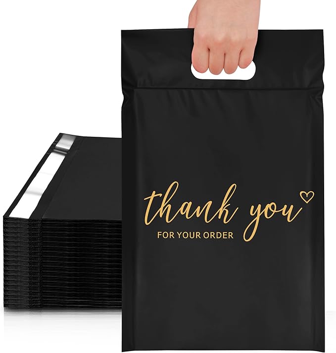 JinRuiKJ Poly Mailers with Handle 14.5x19 Inch 50 Pcs, Easy to Carry Packaging Bags for Small Business, Thank You Shipping Bags with Self Adhesive Strip, Tearproof and Waterproof - Black