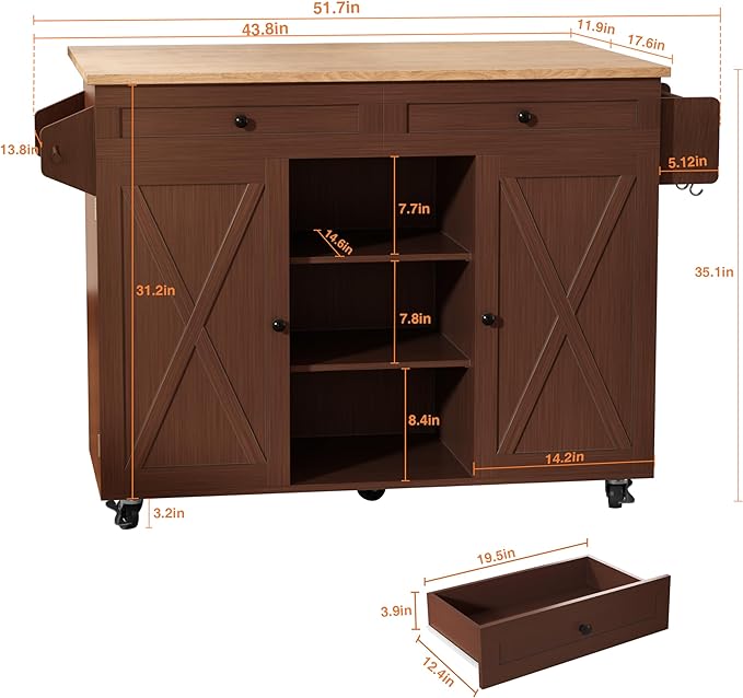 HLR Kitchen Island On Wheels, Brown Rolling Kitchen Island Cart with Solid Wood Drop Leaf Breakfast Bar, Barn Door Kitchen Islands with Storage Cabinet and Tower Rack, Island Table for Kitchen