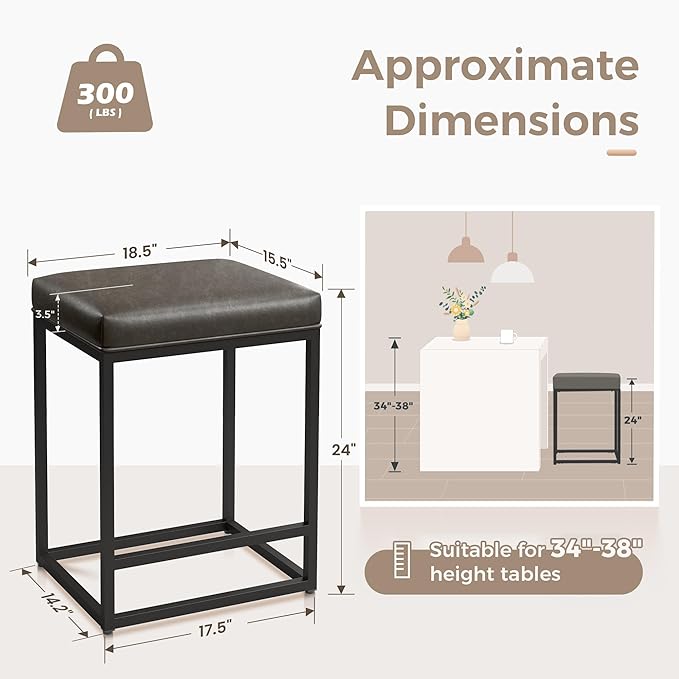 MAISON ARTS Counter Height 24" Bar Stools Set of 4 for Kitchen Counter Backless Modern Barstools Industrial Upholstered Faux Leather Stools Farmhouse Island Chairs, (24 Inch, Grey)