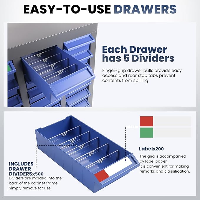 100-Drawer - Nut and Bolt Organizer | Stainless Steel Part Storage Cabinet | Shelves & Labels | Each Drawer 3.9" D x 7.8W x 2" H | Durable Hardware Storage for Small Parts/Tool (Classroom, Home)