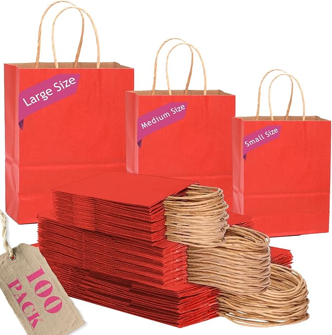 qiqee 100PCS Gift Bag with Handles Bulk Kraft Red Paper Bags Assorted Sizes(33pcs Large 13",33pcs Medium 11",34pcs Small 8")