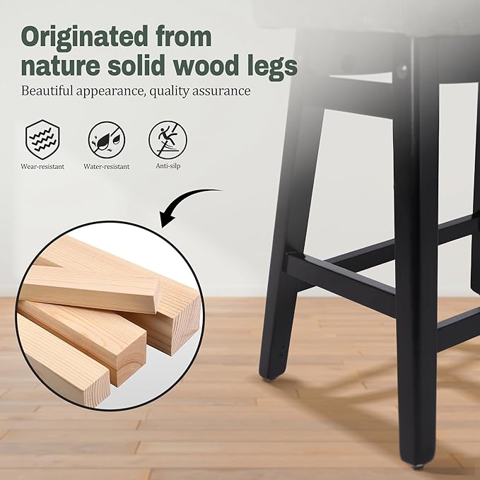 Counter Height Bar Stools Set of 3 for Kitchen Counter Farmhouse Modern Barstools with Faux Leather Upholstered Backless Seat and Solid Wood Legs 24 inch Bar Chairs, Grey + Black