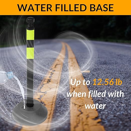 6 Pack 40 Inch Traffic Delineator Posts with Fillable Base and 6.6FT Plastic Chain, Safety Delineator Post Cones with 2 Green Reflective Stripes for Construction Work (Black)