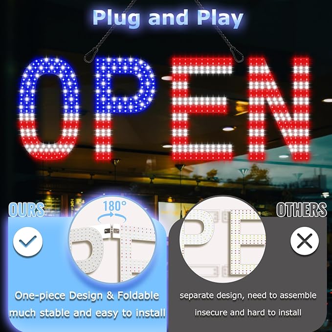 LED Open Signs for Business, exTopGoal 30"x10" Bright Dimmable Open Sign with Remote and 12 Scene Modes, Light Window Sign for Store Shop Storefront Bar Cafes - US Flag