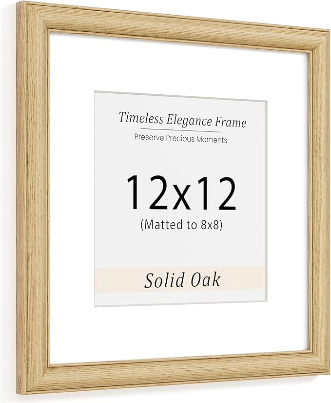 Natural Oak 12x12 Picture Frames Mat to 8x8 Picture Display,Original Wood Handcrafted Poster Frame,Wooden Frame 12x12 with Tempered Glass Graduation Family Wedding Certificate Photo Wall Mounted