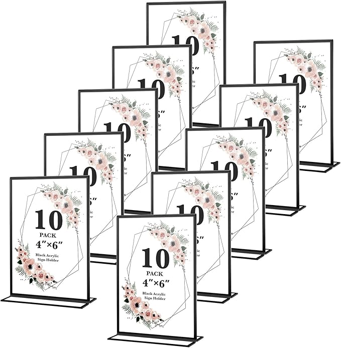 10 Pack Acrylic Sign Holders 4x6 Photo Frames, Double Sided Picture Frame, Clear Wedding Table Number Holder, Table Menu Display Holders for Restaurant Signs, Party and Office Photos, Black