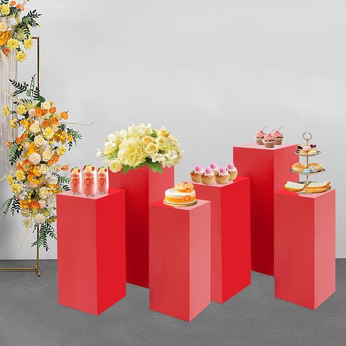 6Pcs Metal Pedestal Stand for Party, Large Red Cake Stand, Pedestal Display Plinth Pillars for Wedding Ceremony Birthday Party Art Decor, Column Decorative Cube for Wedding Dessert Table Display