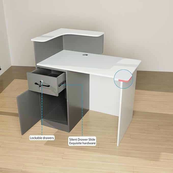 L Shaped Reception Desk with Lockable Drawer and Storage, Front Desk Reception Room Table, Checkout Retail Counter for Office Lobby Cafe Salon (White+Grey, 39.4"(L) x23.6(W) x39.4(H))