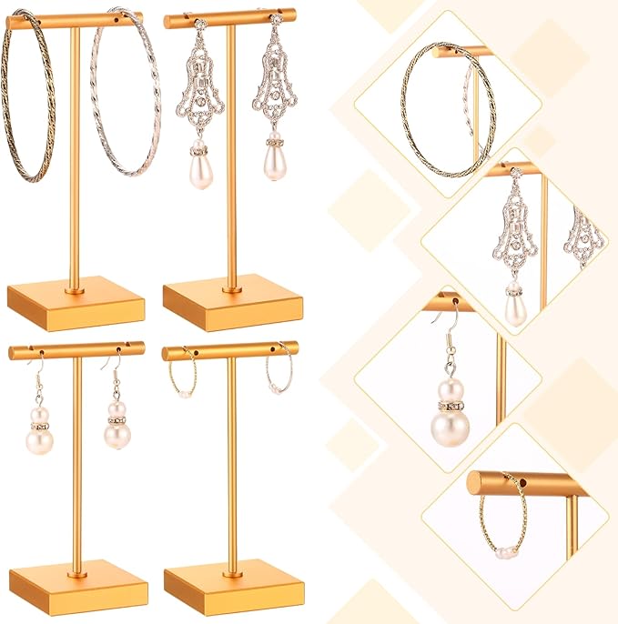 Kigeli 6 Pack Metal Bar Earring Display Stand Retail Earring Display Holder Detachable Metal Display Storage Rack Jewelry Photography Prop, Square Base, Height 4.3" and 5.1"(Gold)