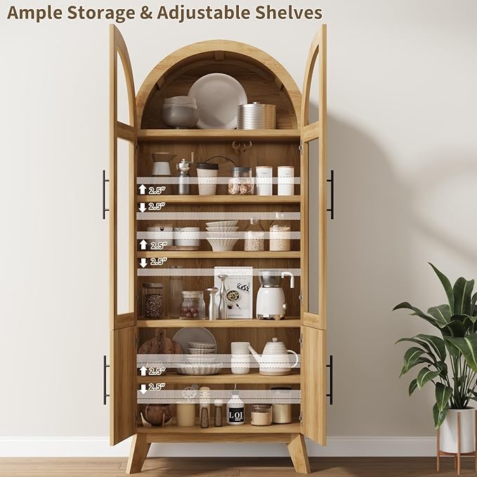 71" Modern Fluted Display Cabinet with Glass Door, Arched Curio Cabinet with Adjustable Shelf, Bookcase for Collectibles Books, Storage Cabinet for Living Room, Dining Room, Natural Oak
