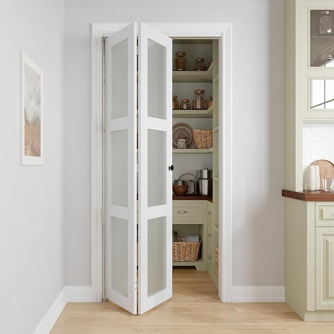 Bifold Doors for 32" x 80" Opening, 3-lite Tempered Frosted Glass Closet Folding Doors with Hardware kit Included, Easy Assembly, White