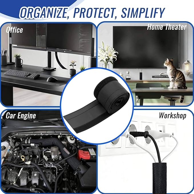 3/4" - 6.6FT Hook and Loop Cable Sleeve, Dog Cat Cord Protector Waterproof Split Sleeving for USB Computer Office Automotive Audio Cables - Protects Cables from Pets Chewing - Black