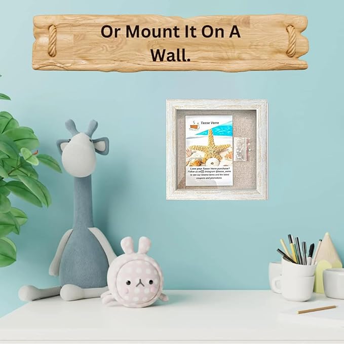 Tasse Verre 8x8 Rustic Display Shadow Box (2-Pack) Frame w/Linen Background and 16 Stick Pins - Ready to Hang Shadowbox Picture Frame - Box Display Baby Memorabilia Wedding
