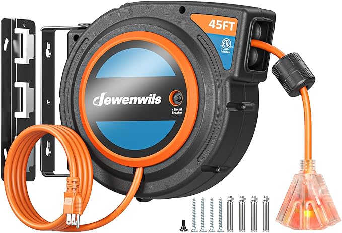 DEWENWILS 45FT Retractable Extension Cord Reel with Twist-lock Stopper, 12/3C/15A SJTOW Power Cord Reel, Lightweight and Portable, for Home Maintenance, Garages, Workshops, ETL Listed, Orange
