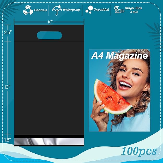 JinRuiKJ Poly Mailers with Handle 10x13 Inch 100 Pcs, Easy to Carry Packaging Bags for Small Business, Thank You Shipping Bags with Self Adhesive Strip, Tearproof and Waterproof - Black