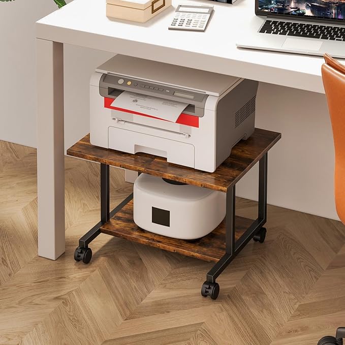 Livofloral Under Desk Printer Stand, 20.5 x 15.7 Inches Printer Table for Home Office, Printer Cart with Wheels,Small Printer Stand with Storage Shelf, Rolling Industrial Printer Stand, Rustic Brown