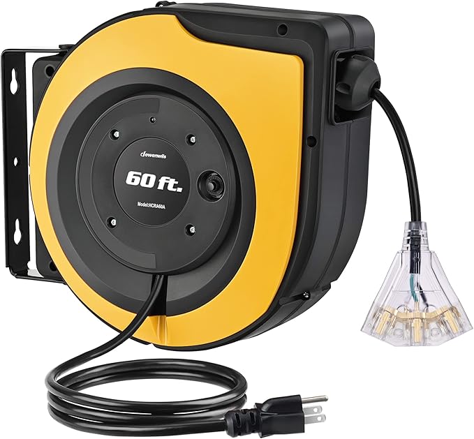 DEWENWILS Retractable Cord Reel, 60 FT Heavy Duty Extension Cord, 12AWG/3C SJTOW, 3 Grounded Outlets Lighted Triple Tap, 15A Circuit Breaker, Wall/Ceiling Mounted for Garage and Workshop, UL Listed