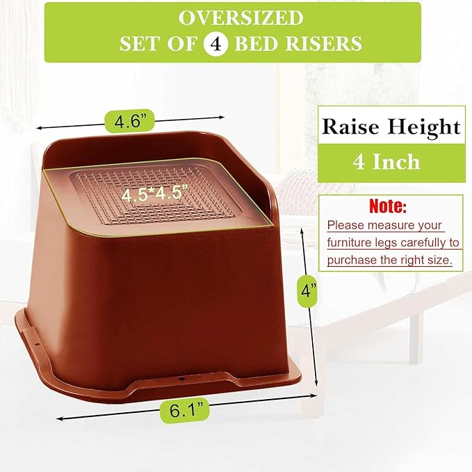 Bed Risers 1 inch, 2 inch, 3 inch, 4 inch, 6 inch, 8 inch Heavy Duty, Oversized Furniture Riser for Couch Sofa Table Chair Leg Frame Dorm, Support up to 6000 Lbs (Brown 6 Pack, 4 inch)