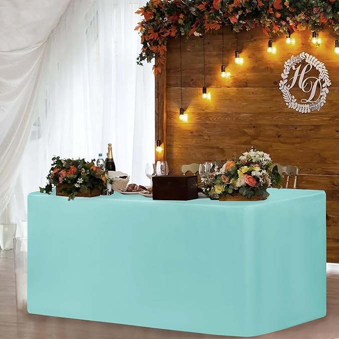 HolidayIdeas Fitted Table Covers for 6 Foot Tables - 72 x 30 Inch - 2 Pack Rectangle Table Clothes Polyester Fabric Table Cover for Folding Table, Parties, Holiday Dinner, Trade Show (Aqua)