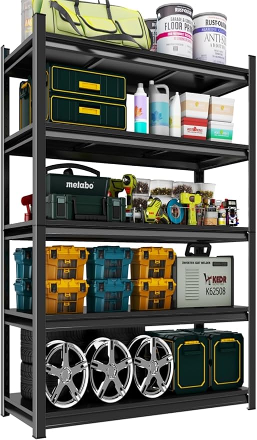 Adjustable 5-Tier Garage Shelving, Heavy Duty Steel Storage Rack, High Load Capacity, Ideal for Garage, Warehouse, or Home Organization (5-Tier 63" H x40 W x 18" D)