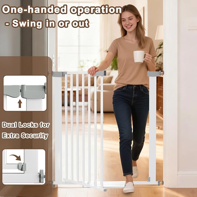 41'' Extra Tall Baby Gate for Large Dogs Pets Indoor No Jumping Over, 46-54.7'' Wide Heavy Duty Puppy Gate for Doorways, Pressure Mounted Metal Gate for Child Toddler No Tools Needed(White)