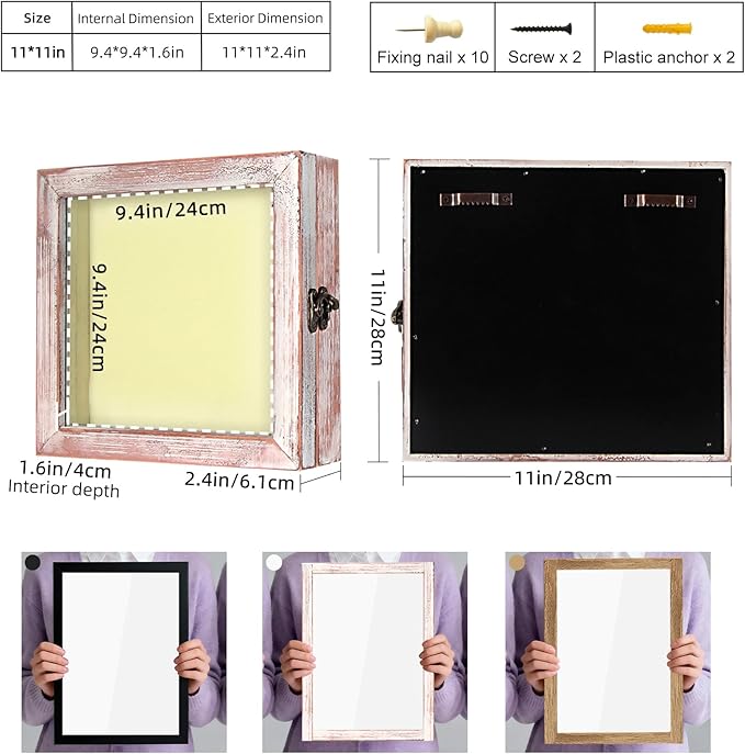 TJ.MOREE Flowers Shadow Box Display Case 11 x 11 Shadow Box Frame with Glass Window Door Farmhouse Picture Frame Wedding Bouquet Memorabilia Photos Memory Box for Keepsakes - White Pink