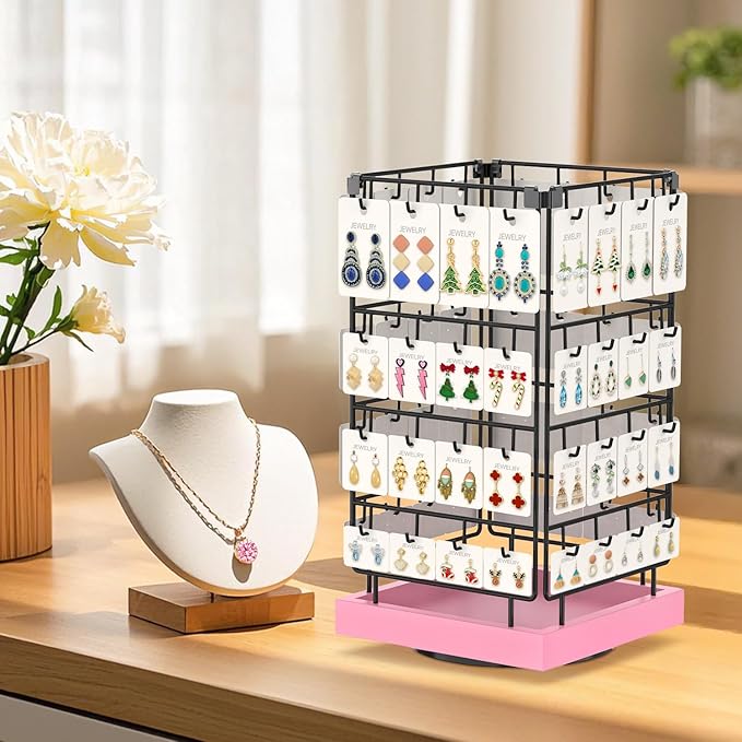 EsLuker.ly Rotating Earring Display Holder Stand for Vendors Events Selling, Large Capacity 64 Hooks Jewelry Rack with Wooden Base for Earring Card Sales, Enhances Retail Display Visibility(Pink)