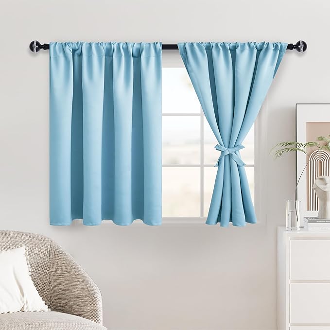 JIUZHEN Short Blackout Curtains for Small Window - Cafe Room Darkening Privacy Energy Saving Half Window Curtains Tiers for Bathroom,Kitchen, W 42 x L 36, Set of 2 Panels with Tiebacks,Light Blue