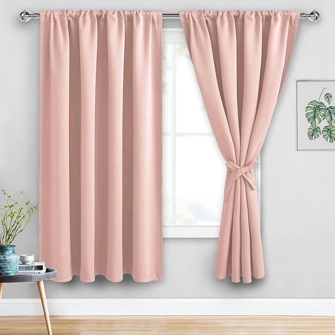 JIUZHEN Blackout Curtains for Bedroom - 70 x 63 Inch Extra Wide Privacy Assured Thermal Insulated Room Darkening Sliding Door Curtains for Living Room, Set of 2 Panels with Tiebacks, Blush Pink