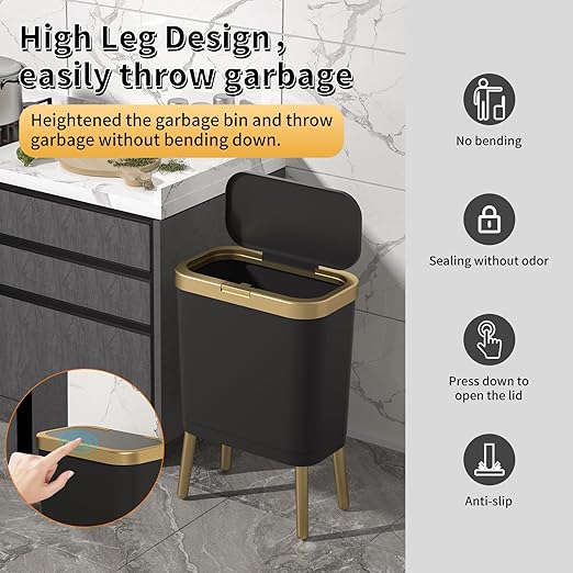 Procade 2Pack Office Trash Can with Lid, 4 Gallon Gold Trash Can Bathroom,Black Garbage Can with Push Button, Narrow Garbage Bin Waste Basket for Bedroom, Kitchen,Toilet(Black x2)
