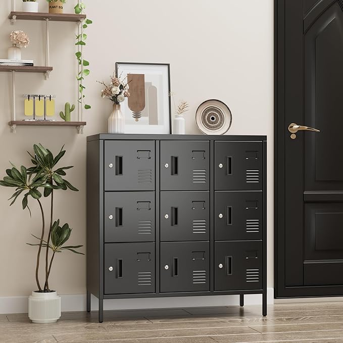Aobabo 9 Doors Metal Storage Locker for Employees, Steel Storage Locker with Lock and Card Slot, for Home, Office, School, Gym, Require Assembly, Black