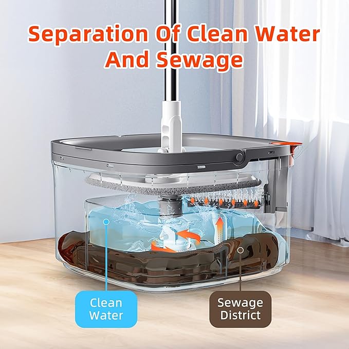 KZKR Spin Mop and Bucket Set with 8 Replaceable Microfiber Mop Pads with Self Separation Dirty and Clean Water System, Self Wringing 360° Rotating Square Mop Head for Hardwood Tile Marble Floors