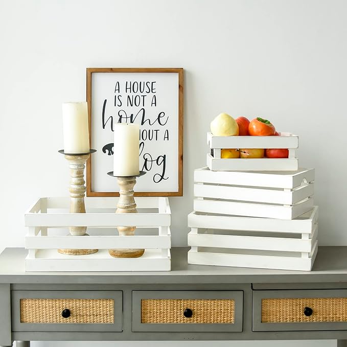 Large Wooden Crates Set of 4 Decorative Storage Box with Handles, Rustic Whitewashed Farmhouse Wooden Crates for Display, Living Room Container Baskets Box for Kitchen, Pantry, Bedroom