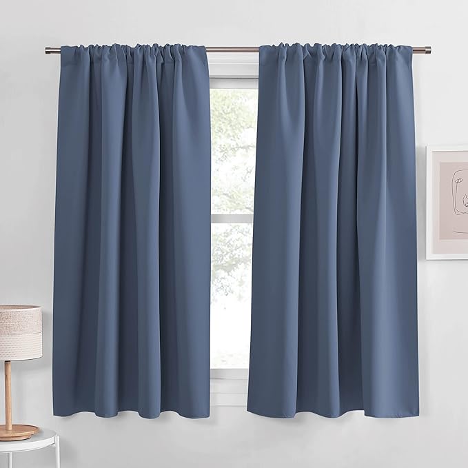 PONY DANCE Short Black Out Curtains 48 inch Long for Small Window, Rod Pocket Privacy Bathroom Draperies,Thermal Insulated Lighting Blocking Drapes for RV(2 Panels Set,Stone Blue, W42 x L48 inches)