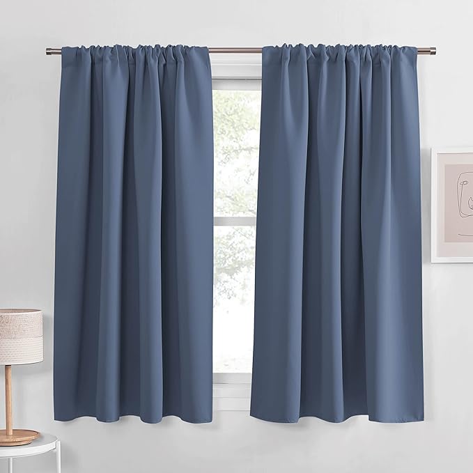 PONY DANCE Bedroom Curtains Drapes - Blackout Panels Home Fashion Solid Rod Pocket Curtain Blinds Home Decor Thermal Insulated Light Block, Wide 42 x Long 63 inches, Blue Haze, 1 Pair