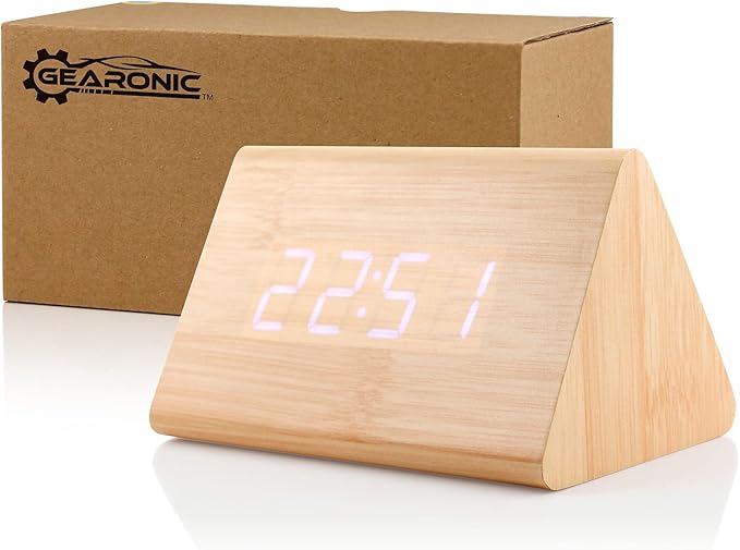 GEARONIC Digital Alarm Clock Wooden Alarm Clock Wood Modern Triangle Alarm Digital Desk Clock, Displays Time Date Temperature Calendar Wood Made Electric Clocks for Bedroom, Bedside - Bamboo
