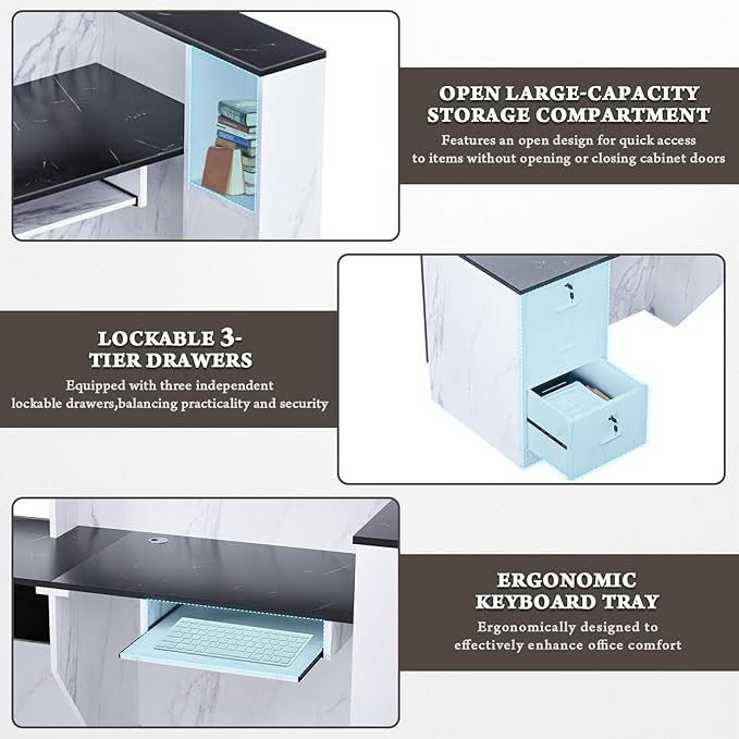 R-Shaped Modern Reception Desk with Counter & Storage - 71"/84" Large Office Front Desk, Salon Checkout Counter with Lockable Cabinets, Shelves & Drawers (Black & White, Right - 71''L x 34''W x 41''H)