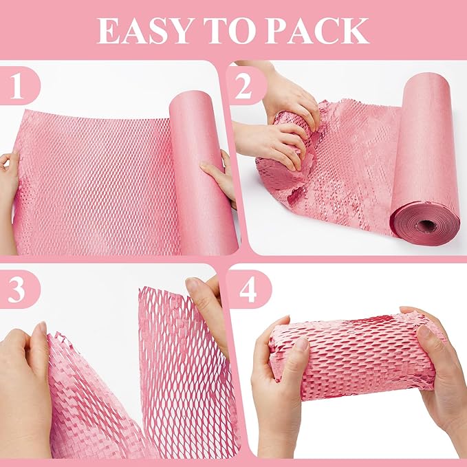 Honeycomb Packing Paper, 12" x 200' Packing Paper Substitute Alternative for Bubble Cushioning Wrap for Moving Shipping Packaging, Recyclable Moving Supplies Bubble Packing Wrap Roll-Pink