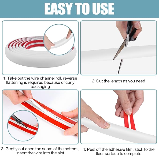 Floor Cord Cover Self Adhesive Cord Hider,10FT Cable Management, Extension Strip Protector for Wires, Prevent Cable Trips for Offices, Gyms, Exhibitions Cavity:0.3"(W) x 0.28"(H) White