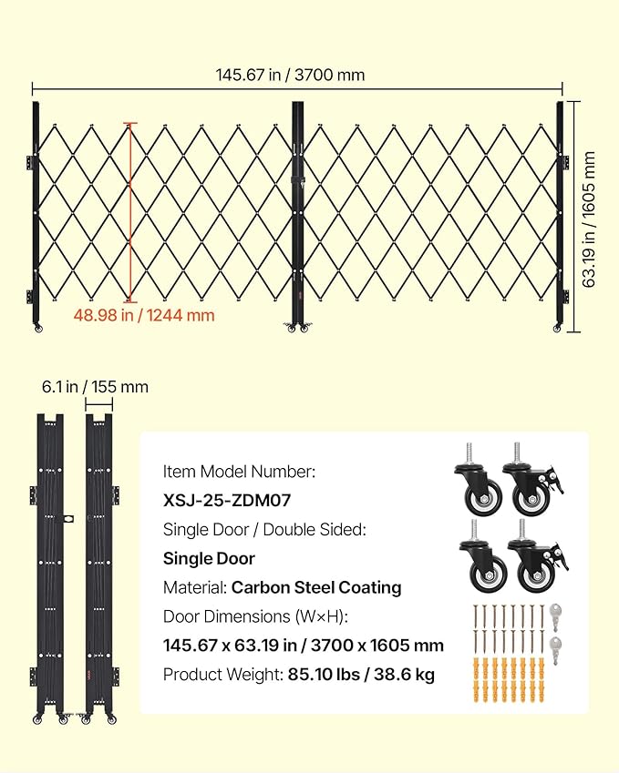 VEVOR Double Folding Security Gate, Lockable Scissor Gate with 360° Swivel Casters, Outdoor Barricade Steel Retractable Gates, for Entry Security, Garage, Warehouse & Pool, 145.67 x 63.19 in (W x H)