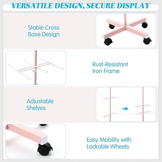 Ripeng 1 Pcs Retail Display Stand Rotating Spinner Display Rack Adjustable Jewelry Stand with Wheels for Keychains Earrings Craft Shows Vendor Events & Stores Accessories (4 Tier,Pink)