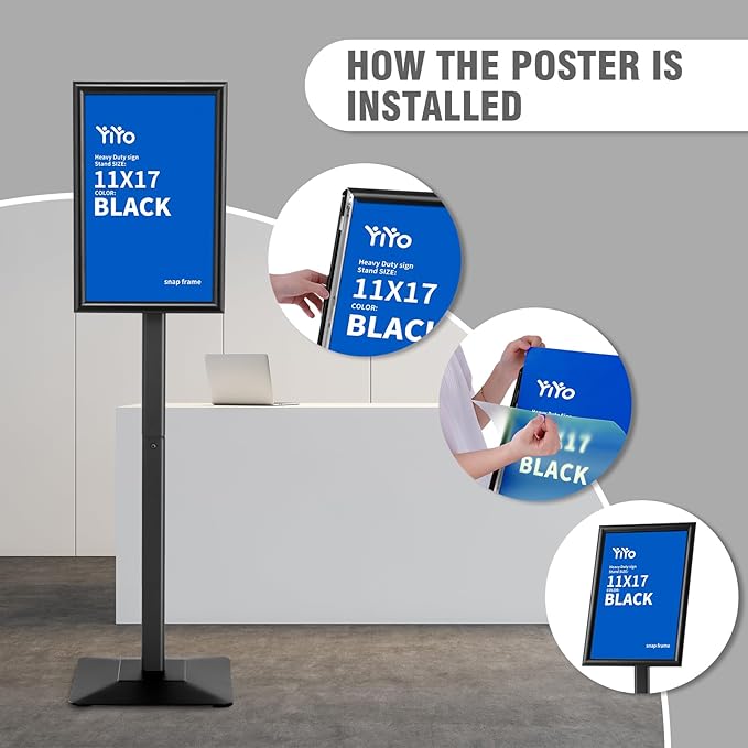 YIYO Sign Stand Poster Stand，adjustable heavy duty pedestal Sign Holder Floor Stand，aluminium frame floor standing for display11*17 inch，Black (11*17 Black)